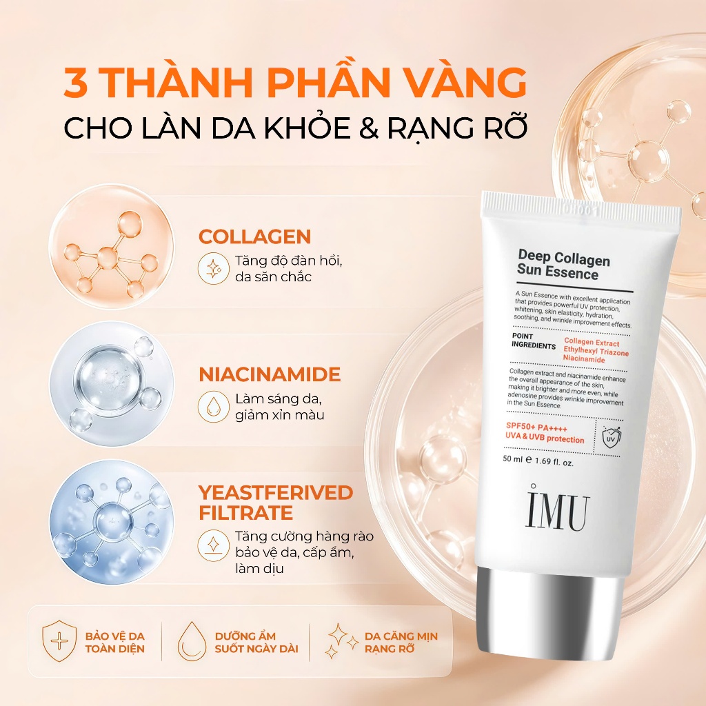 Kem Chống Nắng IMU Deep Collagen Sun Essence SPF50+ PA+++++ 50ml – Mỏng Nhẹ, Thấm Nhanh, Không Nhờn