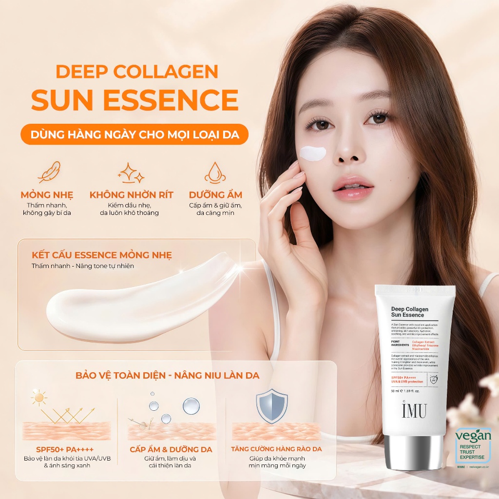 Kem Chống Nắng IMU Deep Collagen Sun Essence SPF50+ PA+++++ 50ml – Mỏng Nhẹ, Thấm Nhanh, Không Nhờn