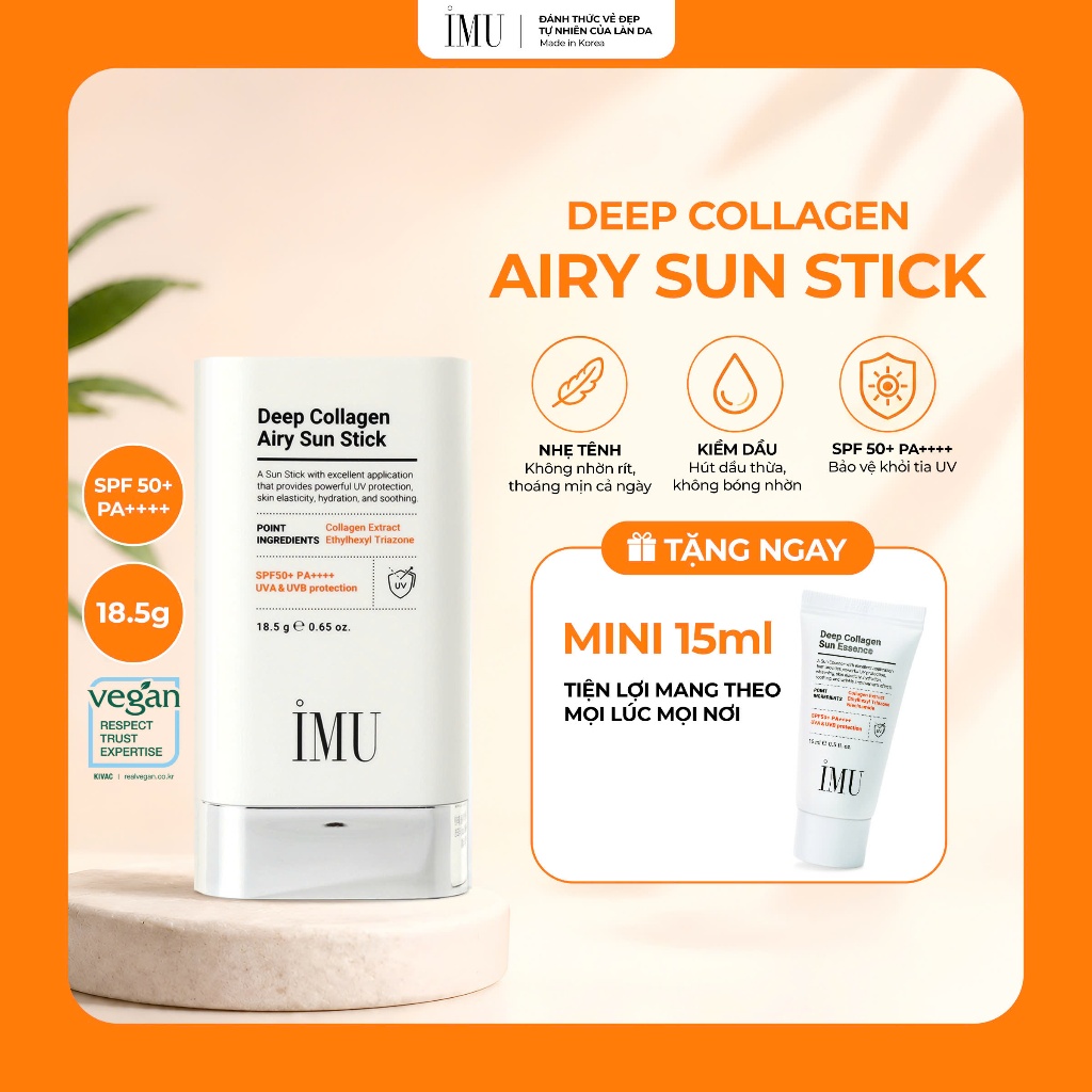 Sáp Chống Nắng Vegan Thỏi IMU Deep Collagen Sun Stick 18.5g SPF50+ PA++++,Kiềm Dầu, Cấp Ẩm, Mỏng Nhẹ
