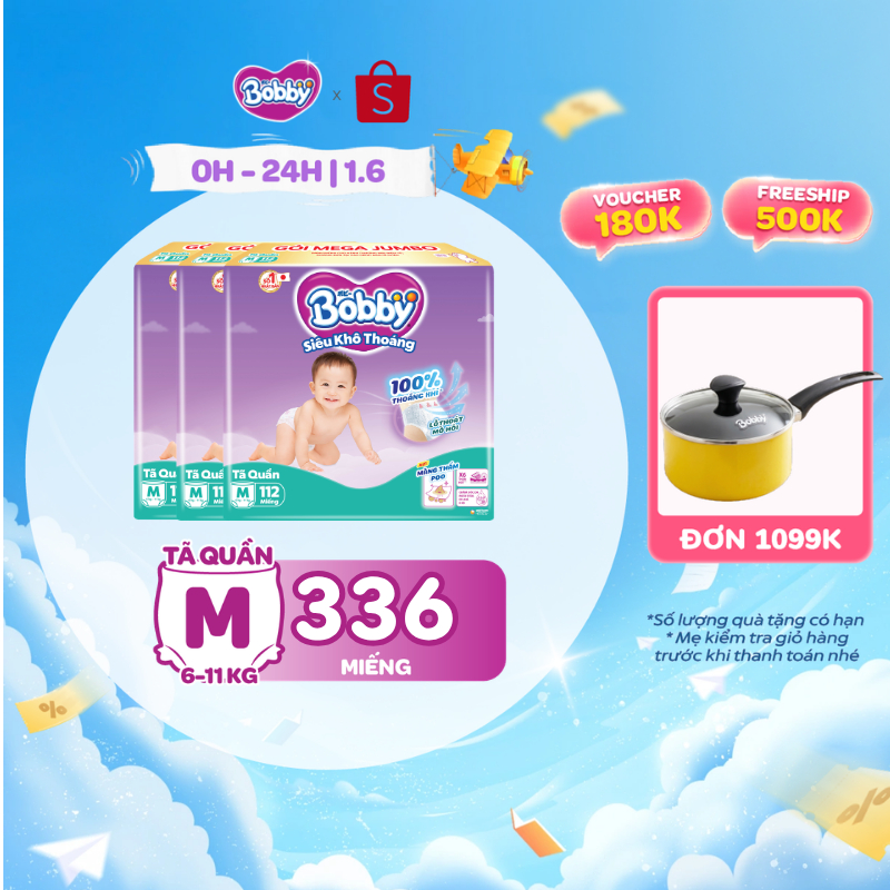 [TẶNG MIẾNG NGẪU NHIÊN] Combo 3 tã quần Bobby Siêu Khô Thoáng - 100% Thoáng Khí Mega Jumbo M112/L96/XL84/XXL76