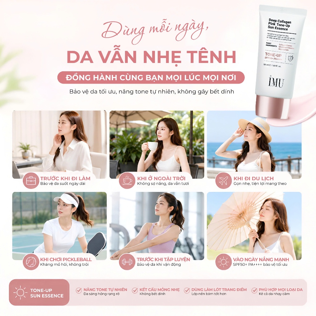 Kem Chống Nắng IMU Deep Collagen Pink Tone-Up Sun Essence SPF50+ PA++++ 50ml – Mỏng Nhẹ, Thấm Nhanh, Không Nhờn