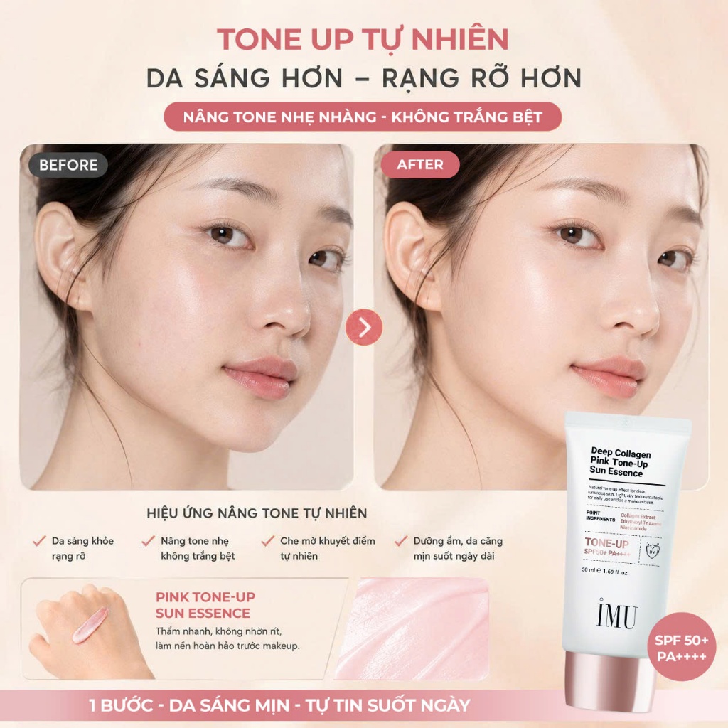 Kem Chống Nắng IMU Deep Collagen Pink Tone-Up Sun Essence SPF50+ PA++++ 50ml – Mỏng Nhẹ, Thấm Nhanh, Không Nhờn