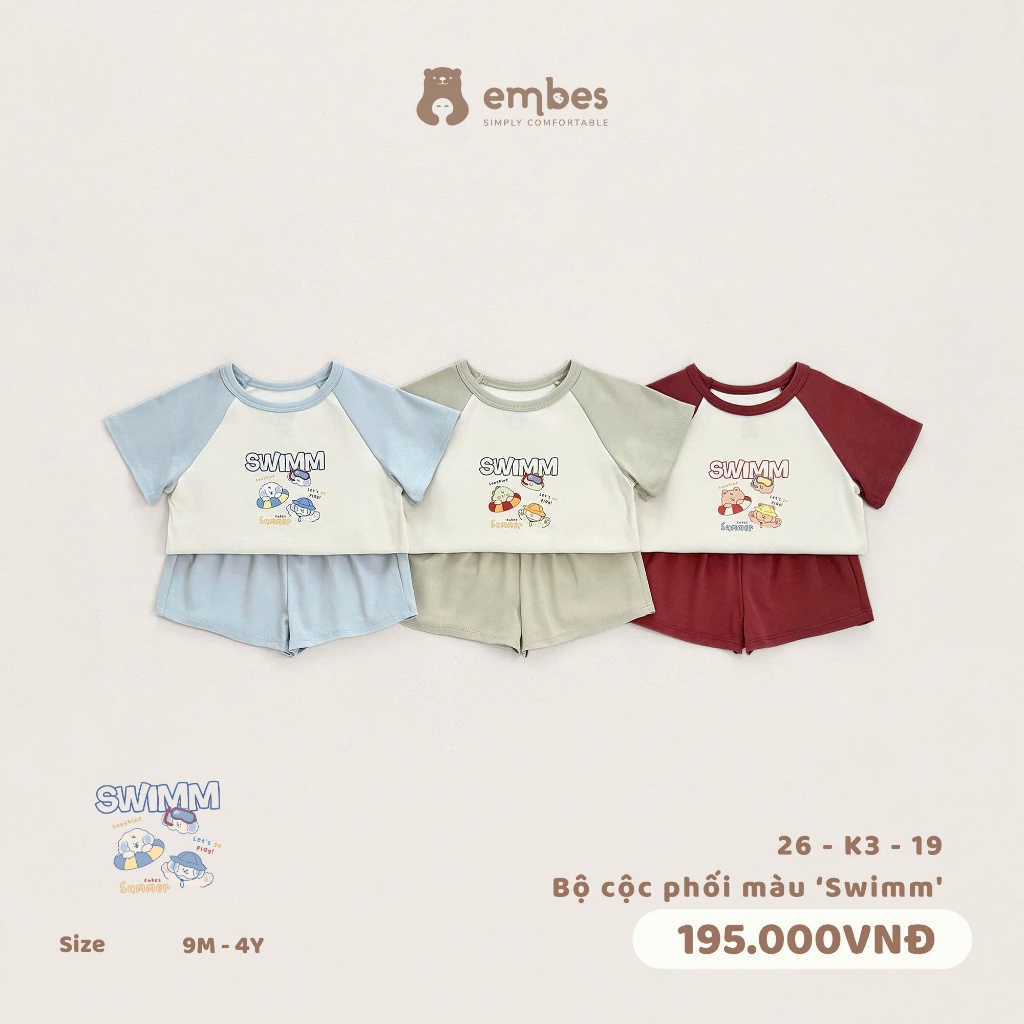 Bộ Cộc Cho Bé Embes, Bộ Cộc Tay In Họa Tiết Swimm Phối Màu Chất Cotton Cho Bé Trai Bé Gái Từ 8-17kg