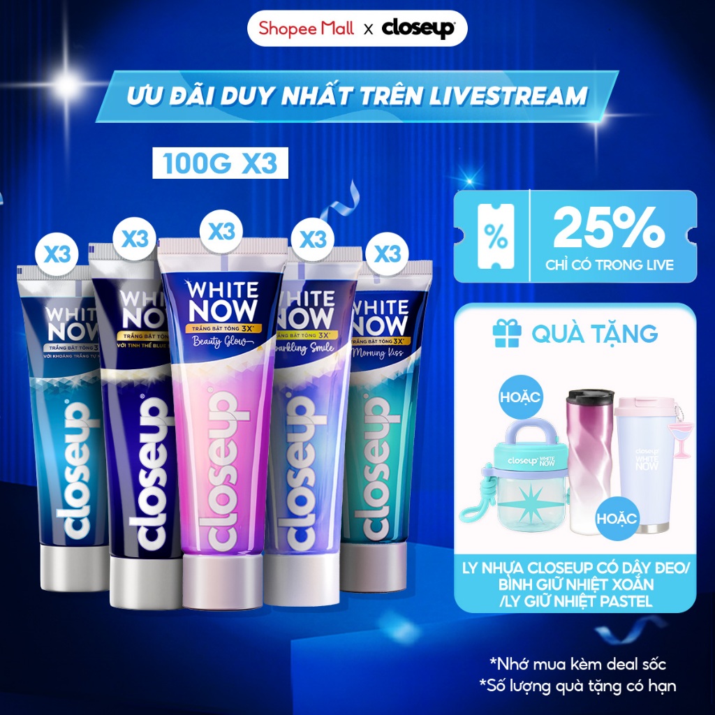 [LIVE] Combo 3 kem đánh răng CLOSEUP White Now - Trắng Bật Tông 3X tức thì từ Công nghệ Ánh Sáng Xanh 100g