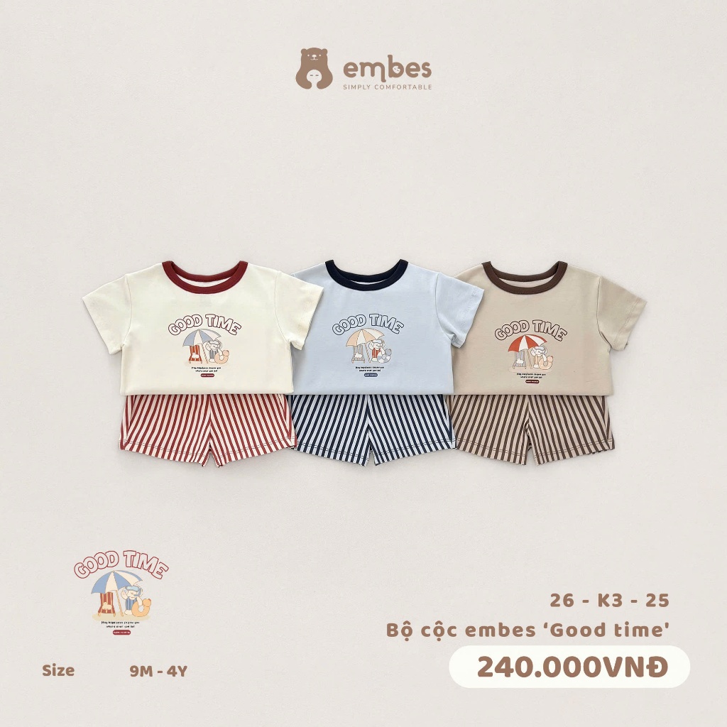 Bộ Cộc Cho Bé Embes, Bộ Cộc Tay In Hình Phối Quần Kẻ Sọc Chất Mát Cho Bé Trai Bé Gái Size Từ 8-17kg
