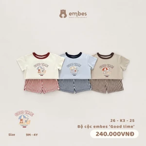Bộ Cộc Cho Bé Embes, Bộ Cộc Tay In Hình Phối Quần Kẻ Sọc Chất Mát Cho Bé Trai Bé Gái Size Từ 8-17kg