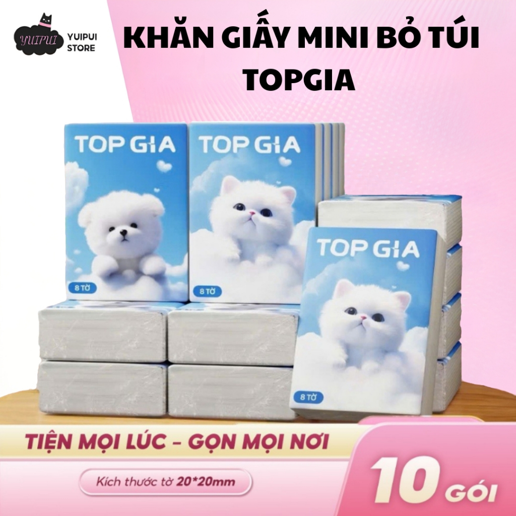 Khăn giấy bỏ túi mini TopGia cao cấp 10 gói 4 lớp dập vân mềm mịn thấm hút tốt an toàn cho da