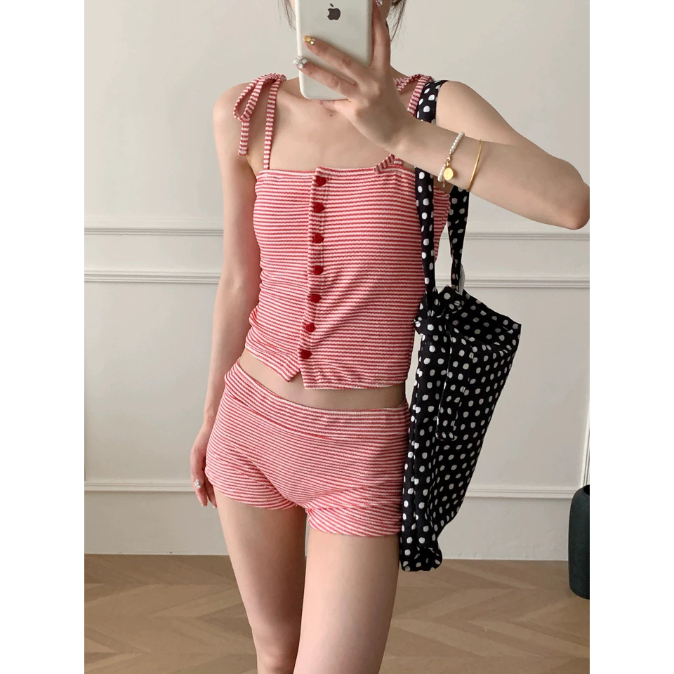 [GIÁ SỐC-KH54] Set Đi Biển Đồ Bơi Nữ Hai Mảnh Kẻ Sọc Tăm Quần Short Cạp Cao Retro Thanh Lịch | KHAO BOUTIQUE