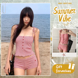 Set Đi Biển Đồ Bơi Nữ Hai Mảnh Kẻ Sọc Tăm Quần Short Cạp Cao Retro Thanh Lịch | KHAO BOUTIQUE