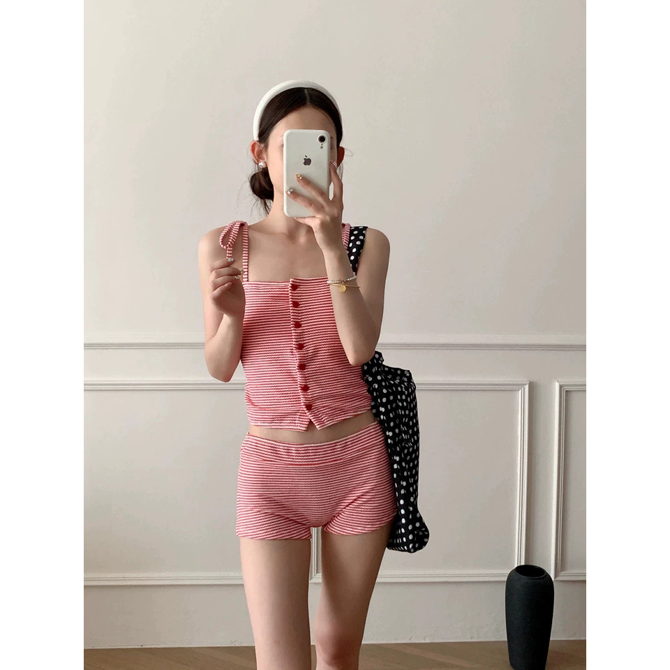 [GIÁ SỐC-KH54] Set Đi Biển Đồ Bơi Nữ Hai Mảnh Kẻ Sọc Tăm Quần Short Cạp Cao Retro Thanh Lịch | KHAO BOUTIQUE