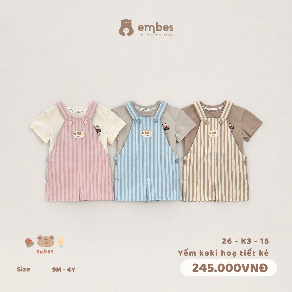 Yếm Cộc Cho Bé Embes, Yếm Kaki Họa Tiết Kẻ Sọc Chất Kaki Đứng Form Cho Bé Trai Bé Gái Size Từ 8-18kg