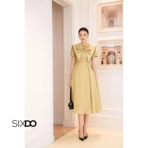 Đầm dáng xòe dài phối nơ cổ ngắn tay SIXDO (Bowtie Organza Flared Dress)