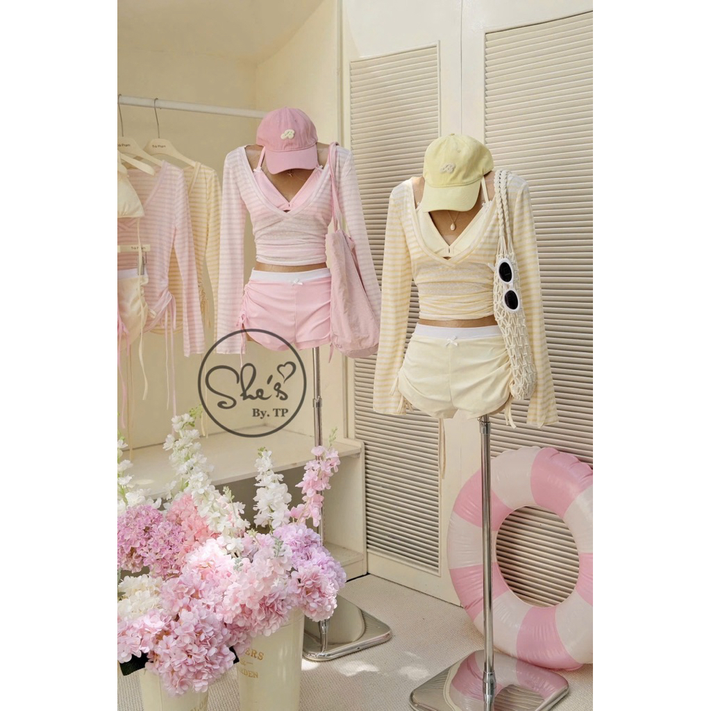 💛 Set 3 món: áo bơi + quần đùi + áo coton kẻ