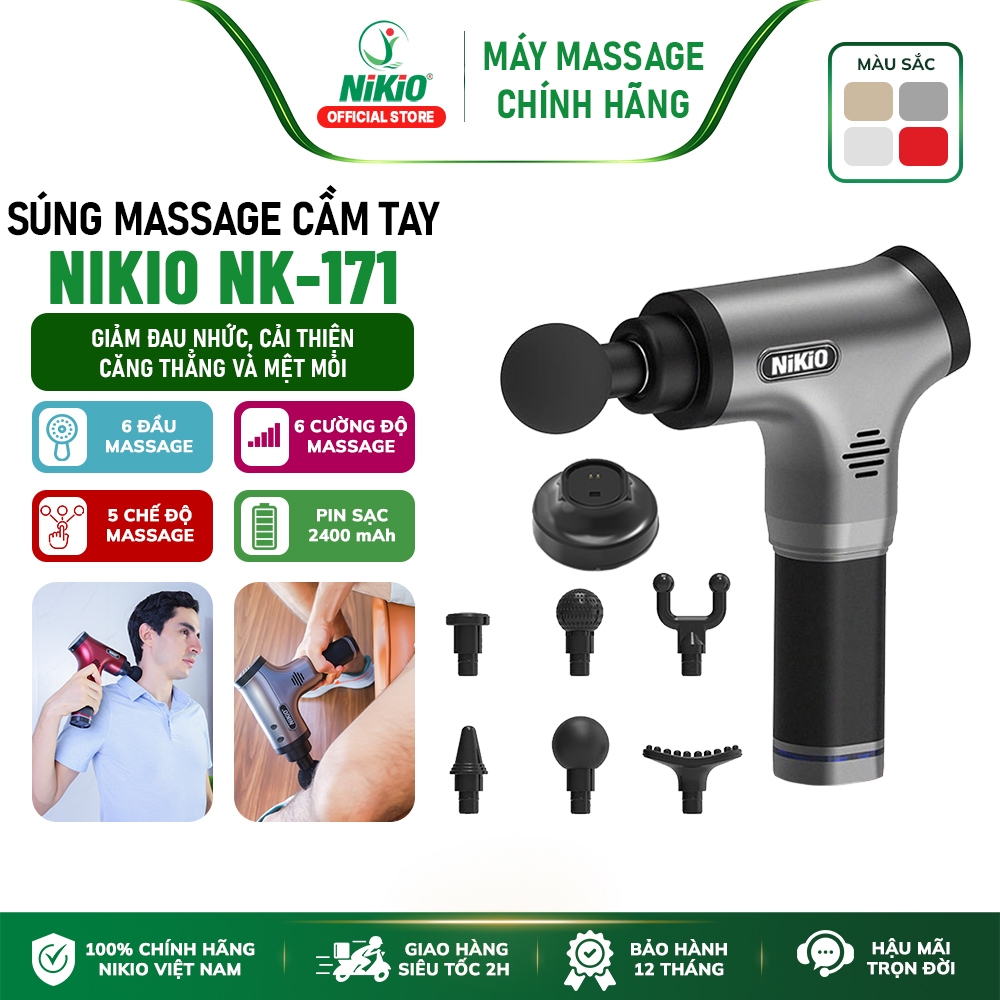 Súng Massage Giảm Căng Cơ Đau Nhức Nikio Nhật Bản NK-171 - 6 đầu, 6 tốc độ, 5 kiểu massage