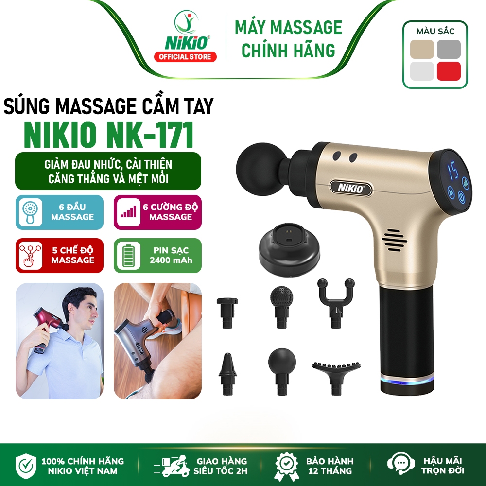 Súng Massage Giảm Căng Cơ Đau Nhức Nikio Nhật Bản NK-171 - 6 đầu, 6 tốc độ, 5 kiểu massage