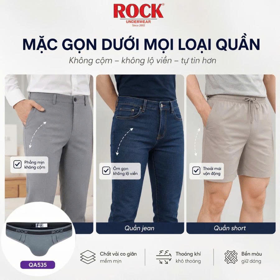 Quần lót nam cao cấp ROCK QA535 trẻ trung, cotton 4 chiều co giãn, thoáng mát thoải mái vận động