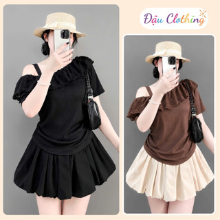 Set Áo Váy Tiểu Thư Bigsize Nữ Áo Thun Trễ Vai Tay Ngắn Phối Chân Váy Bí Bồng Xòe A358+CV413