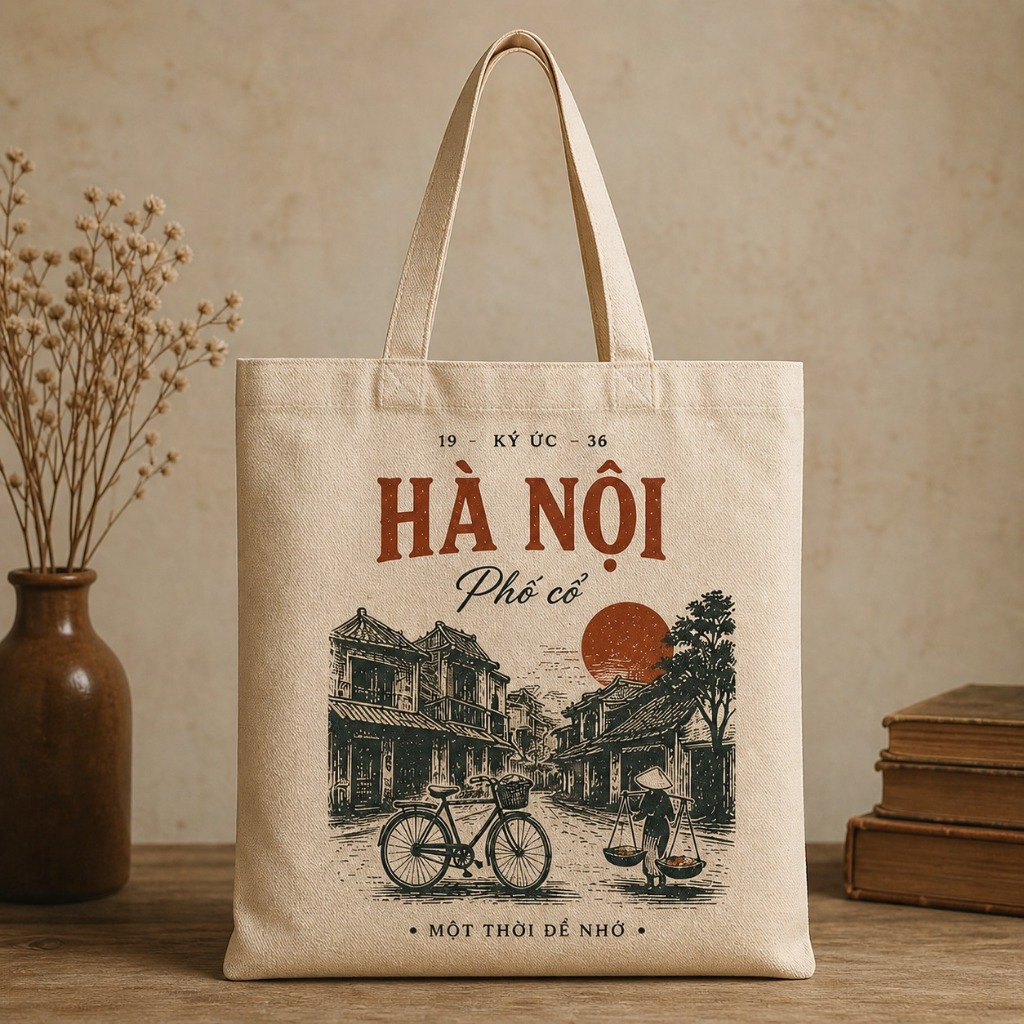 Túi tote có khóa VIỆT NAM túi vải canvas hình kỉ niệm Hà Nội - Sài Gòn - Hội An đeo vai kích thước 35x40cm tota0317