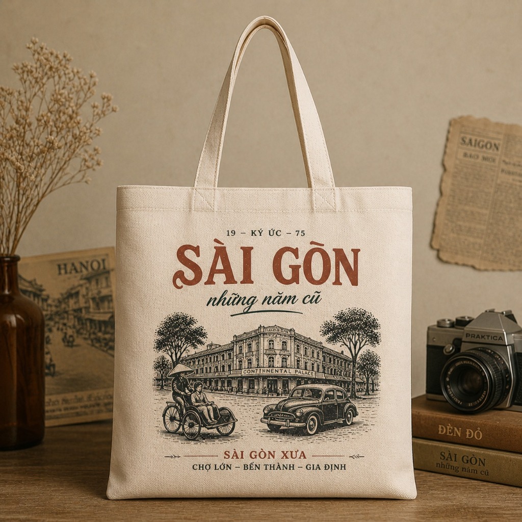 Túi tote có khóa VIỆT NAM túi vải canvas hình kỉ niệm Hà Nội - Sài Gòn - Hội An đeo vai kích thước 35x40cm tota0317