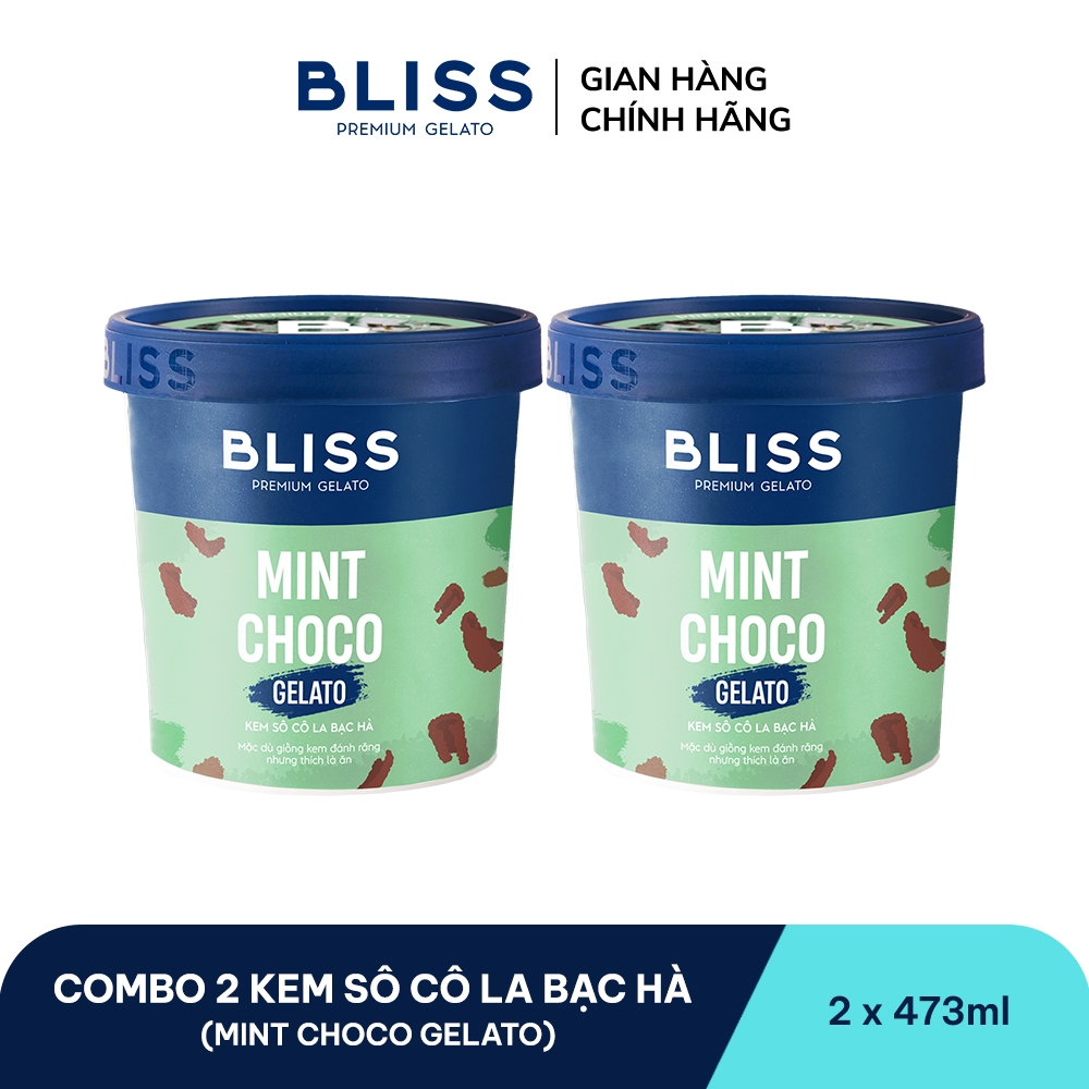 [Hỏa tốc HN/HCM] Combo 2 Kem BLISS Premium Gelato vị Sô Cô La Bạc Hà (Mint Choco Gelato) hộp 473ml