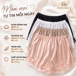 Quần Váy Lụa Satin Mát Mịn Phối Ren Nhẹ Nhàng, Quần bảo Hộ Dạng Đùi Lưng Cao Co Giãn Mềm Mại V550