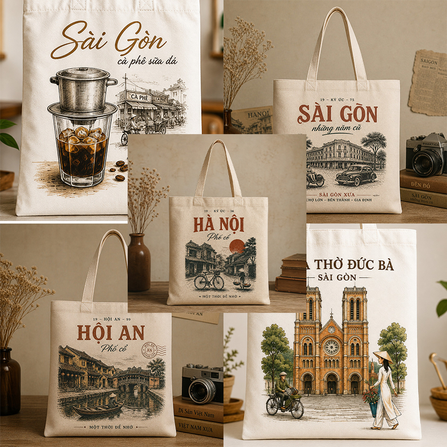 Túi tote có khóa VIỆT NAM túi vải canvas hình kỉ niệm Hà Nội - Sài Gòn - Hội An đeo vai kích thước 35x40cm tota0317