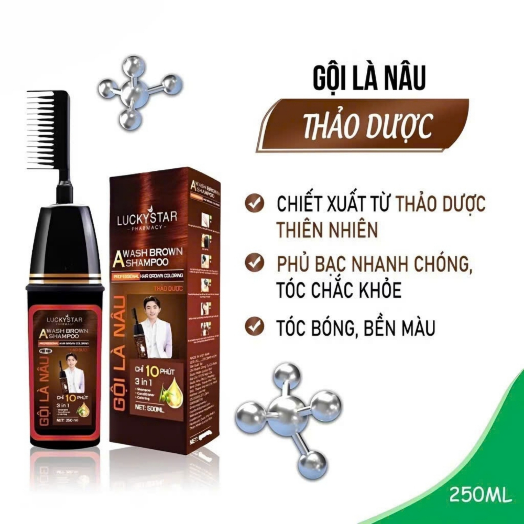 Dầu Gội Phủ Bạc Thảo Dược LUCKY STAR Gội là đen và nhuộm nâu 250ml an toàn cho da đầu