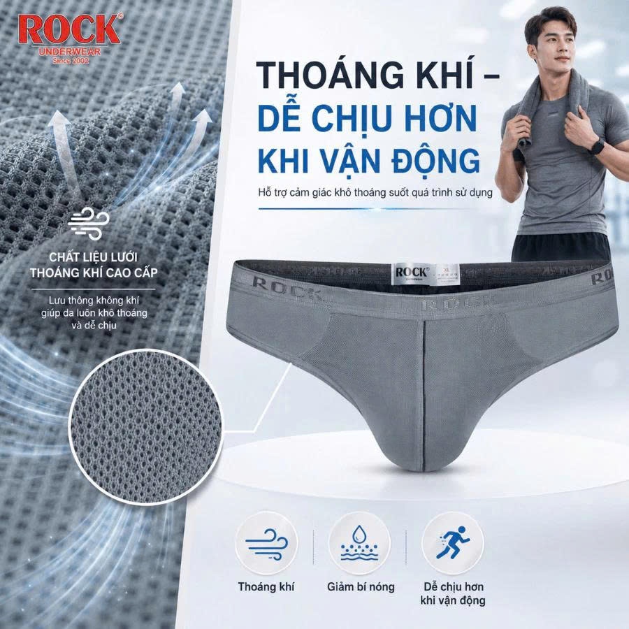 Quần lót nam phối lưới ROCK QA 423 cá tính, trẻ trung, vải sau cotton 4 chiều thấm hút, thoáng mát