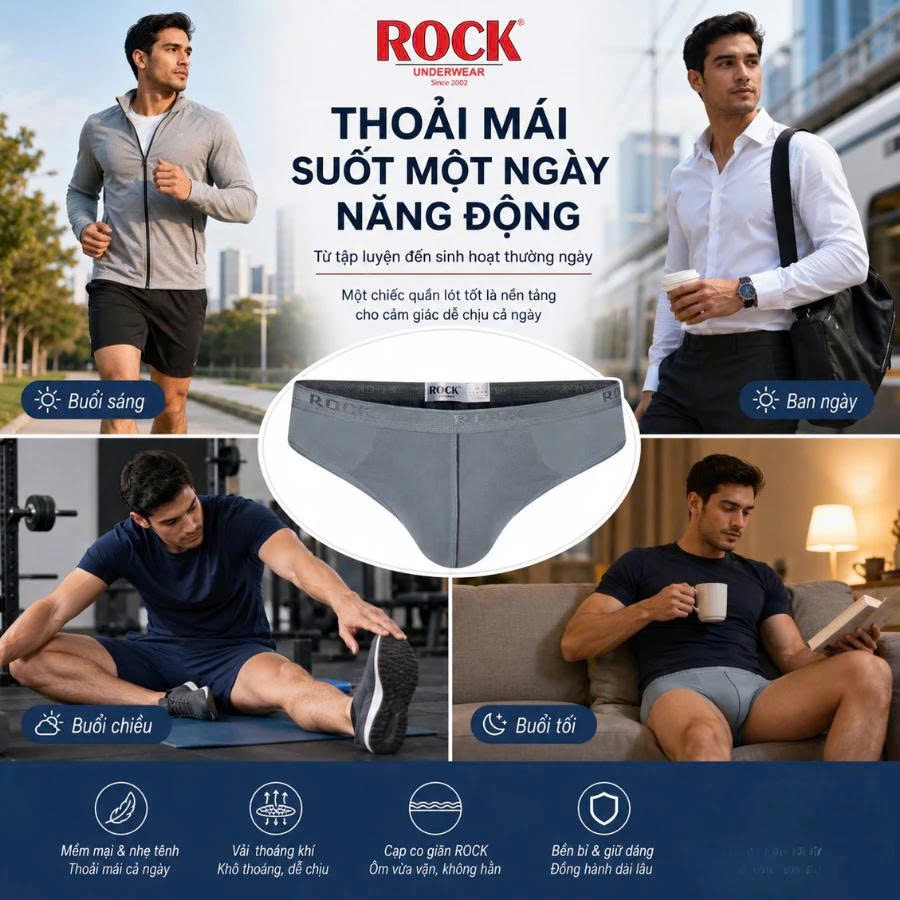 Quần lót nam phối lưới ROCK QA 423 cá tính, trẻ trung, vải sau cotton 4 chiều thấm hút, thoáng mát