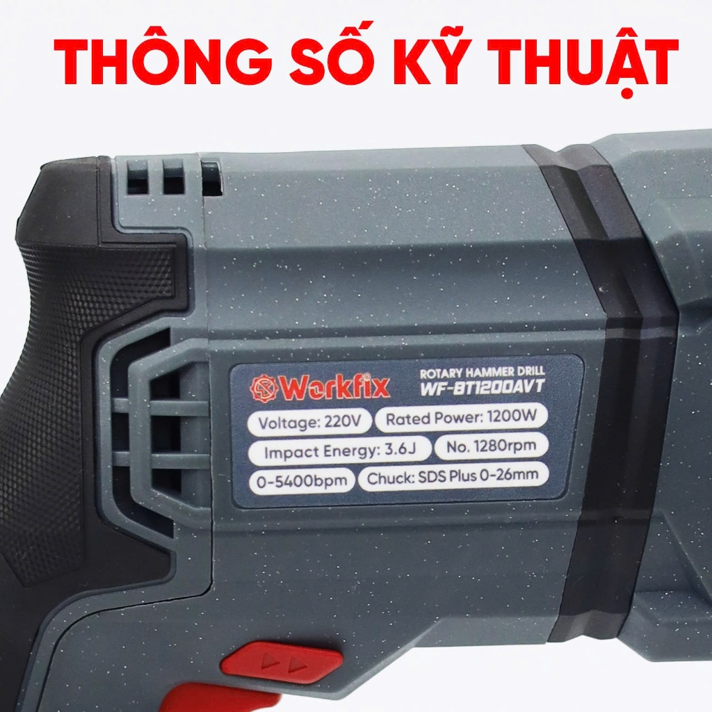 [KÈM BỘ 5 MŨI] Máy Khoan Đục Bê Tông Điện 3,6Jun Workfix WF-BT1200AVT Rút Lõi, Đục Phá Bê Tông
