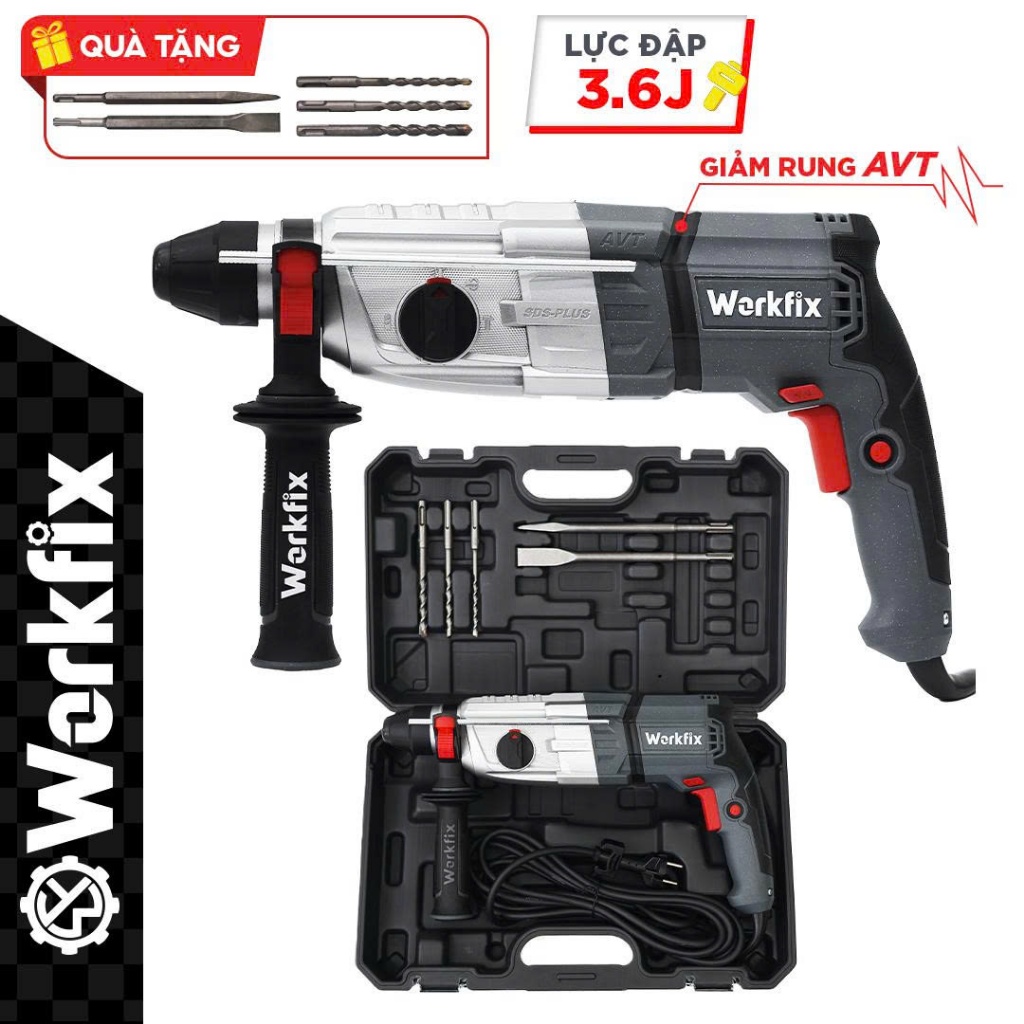 [KÈM BỘ 5 MŨI] Máy Khoan Đục Bê Tông Điện 3,6Jun Workfix WF-BT1200AVT Rút Lõi, Đục Phá Bê Tông