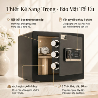 Két Sắt Điện Tử Thông Minh, Két Sắt Vân Tay Mini Cao Cấp (Thép dày 2.5mm, 3 Chốt Khóa), Kích thước 35x26x25cm