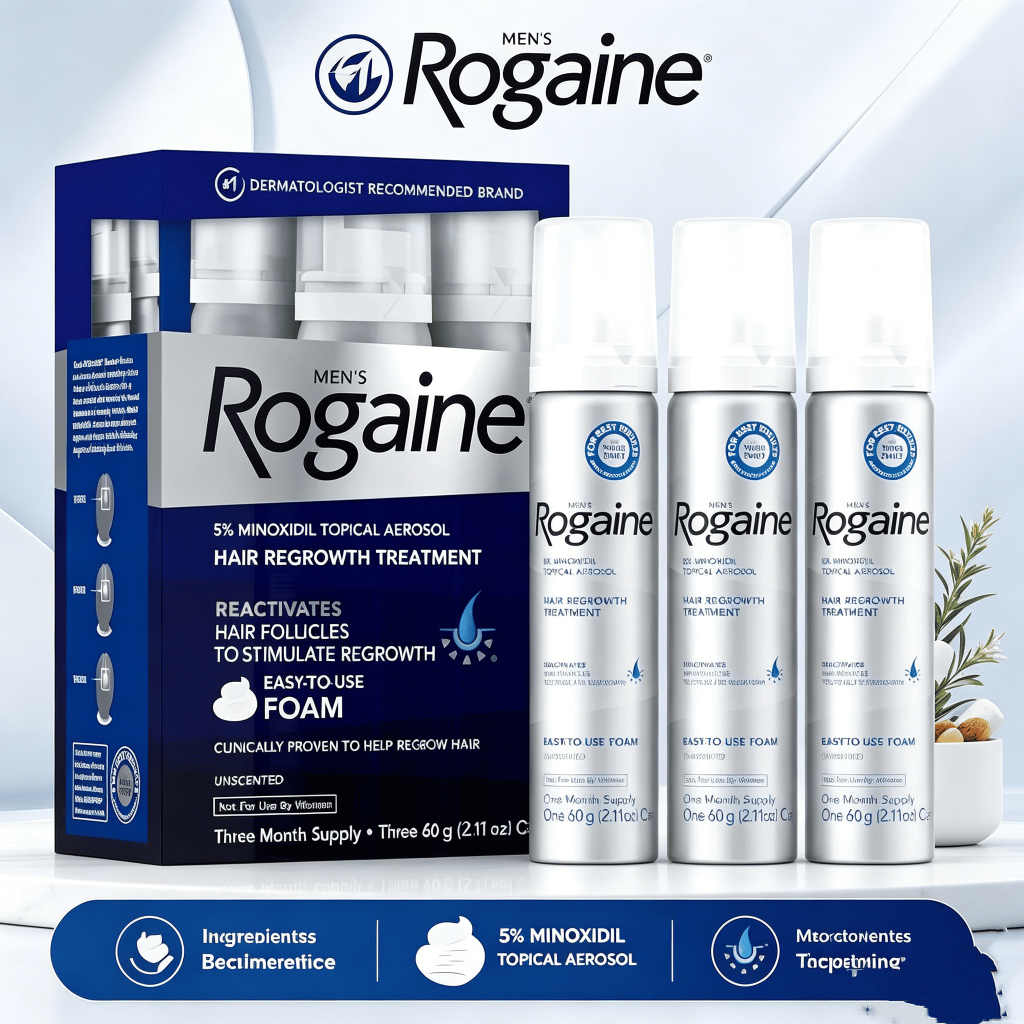 Bọt Mọc Tóc Rogaine 60g*3/Men’s 5% Minoxidil Foam Giảm Rụng Kích Thích Mọc Tóc