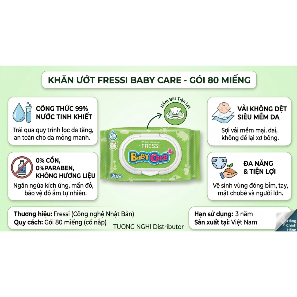KHĂN ƯỚT EM BÉ FRESSI CARE BABY  - GÓI 80 MIẾNG - AN TOÀN CHO DA NHẠY CẢM