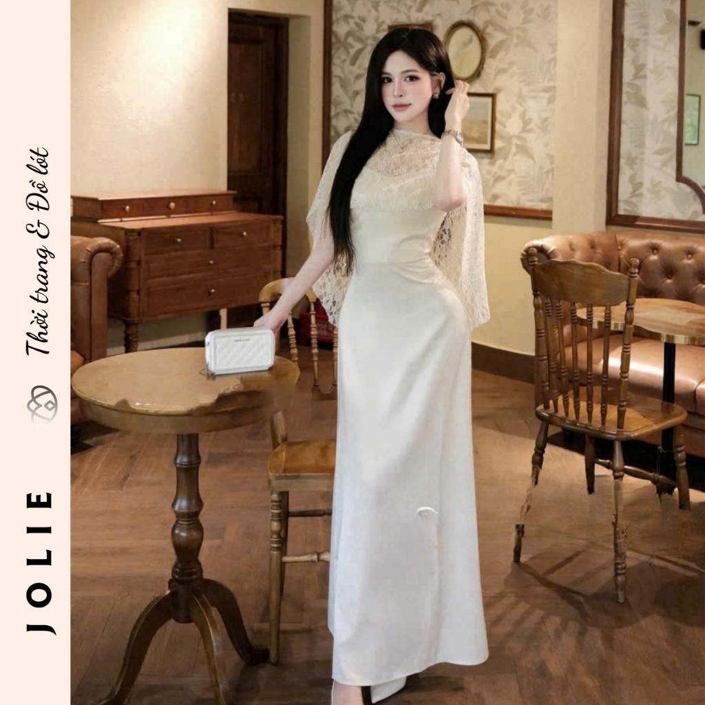Đầm Dài Dự Tiệc JOLIE Thiết Kế Trễ Vai Phối Choàng Ren Sang Trọng