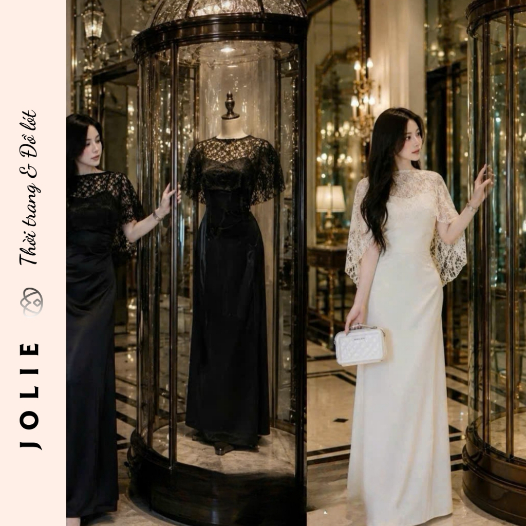 Đầm Dài Dự Tiệc JOLIE Thiết Kế Trễ Vai Phối Choàng Ren Sang Trọng