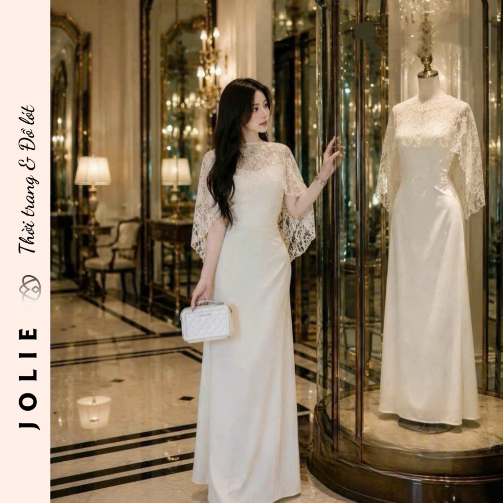 Đầm Dài Dự Tiệc JOLIE Thiết Kế Trễ Vai Phối Choàng Ren Sang Trọng