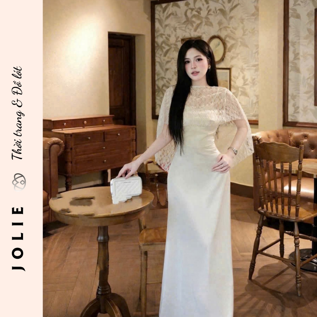 Đầm Dài Dự Tiệc JOLIE Thiết Kế Trễ Vai Phối Choàng Ren Sang Trọng