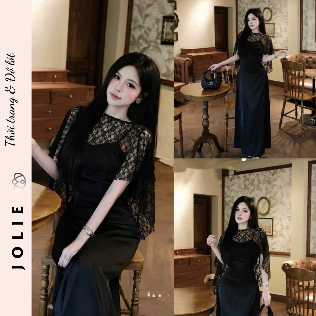 Đầm Dài Dự Tiệc JOLIE Thiết Kế Trễ Vai Phối Choàng Ren Sang Trọng
