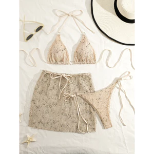 Set Bikini 3 Món Nữ Kèm Chân Váy Che Khuyết Điểm, Đồ Bơi Hai Mảnh Cột Dây Màu Hồng Tiểu Thư
