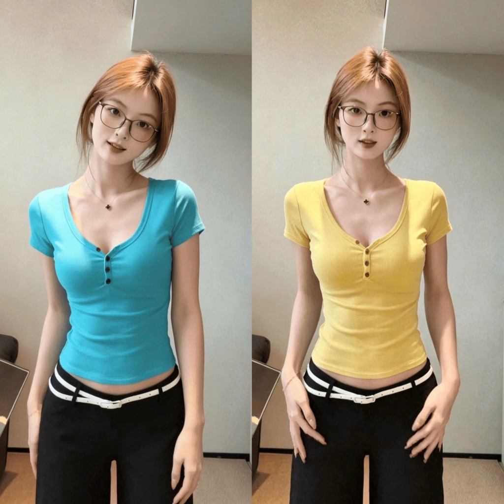 (sẵn đen)Áo thun ngắn tay form ôm cổ V kết hợp khuy cài thoáng mát ATNT027 - Tiktik