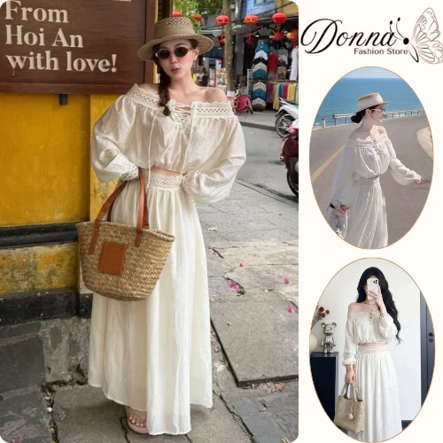 Outfit đi biển nữ set áo kiểu dệt hoa nổi kèm chân váy maxi xuyên thấu nhẹ quyến rũ phong cách Hàn Quốc HCOM27256