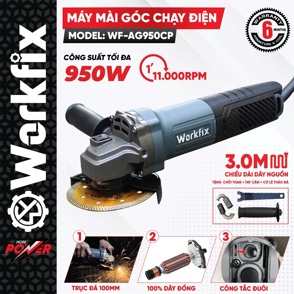 Máy cắt cầm tay WORKFIX WF-AG950CP, Công Suất 950w - Tốc Độ 11.000v/p - Lõi Dây Đồng 100%