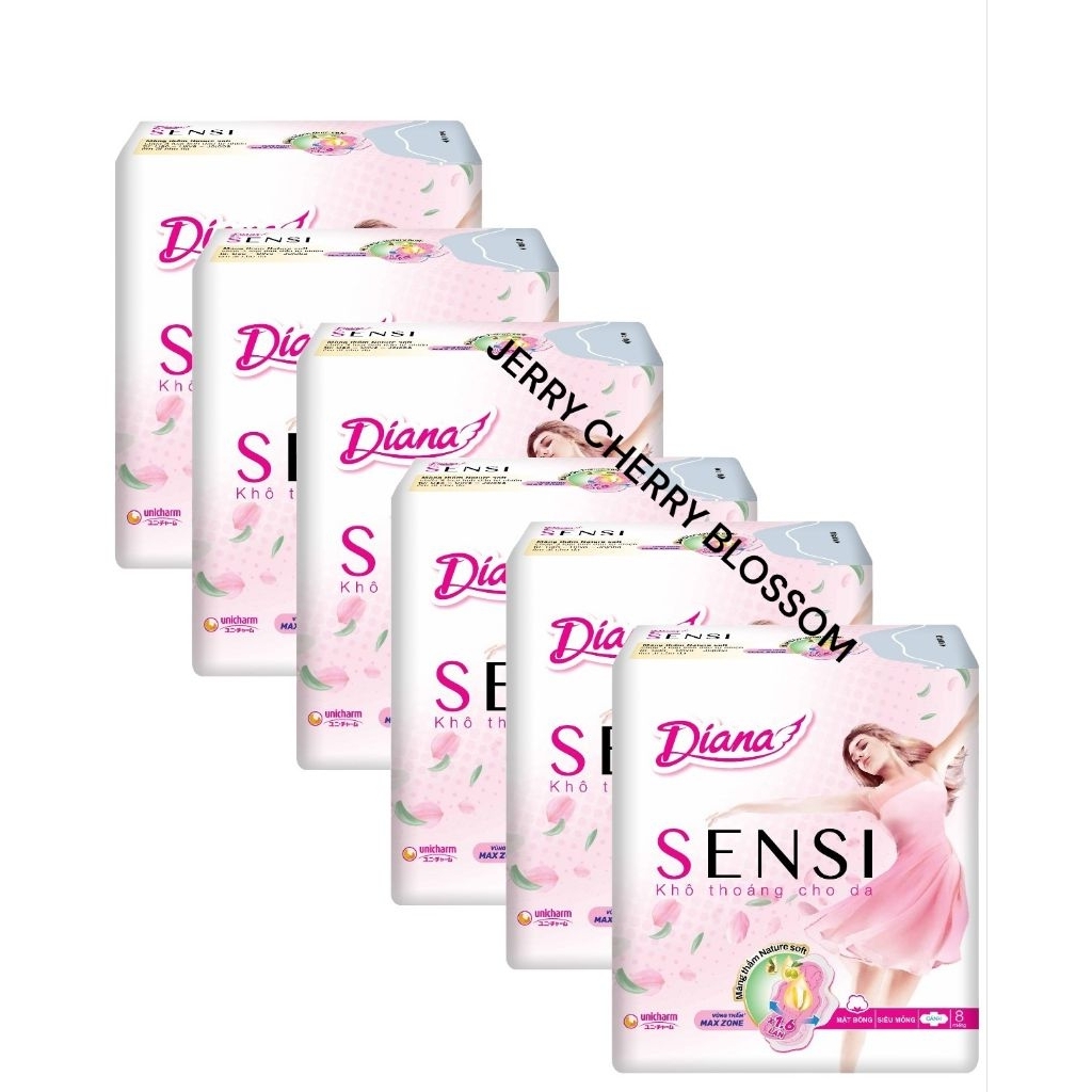Bộ 6 gói băng vệ sinh Diana sensi mỏng cánh/ko cánh 8 miếng/gói