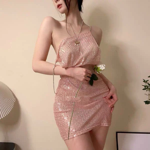 Váy Ngủ Hai Dây Xuyên Thấu Phối Kim Tuyến, Đầm Ngủ Nữ Mỏng Nhẹ Màu Hồng