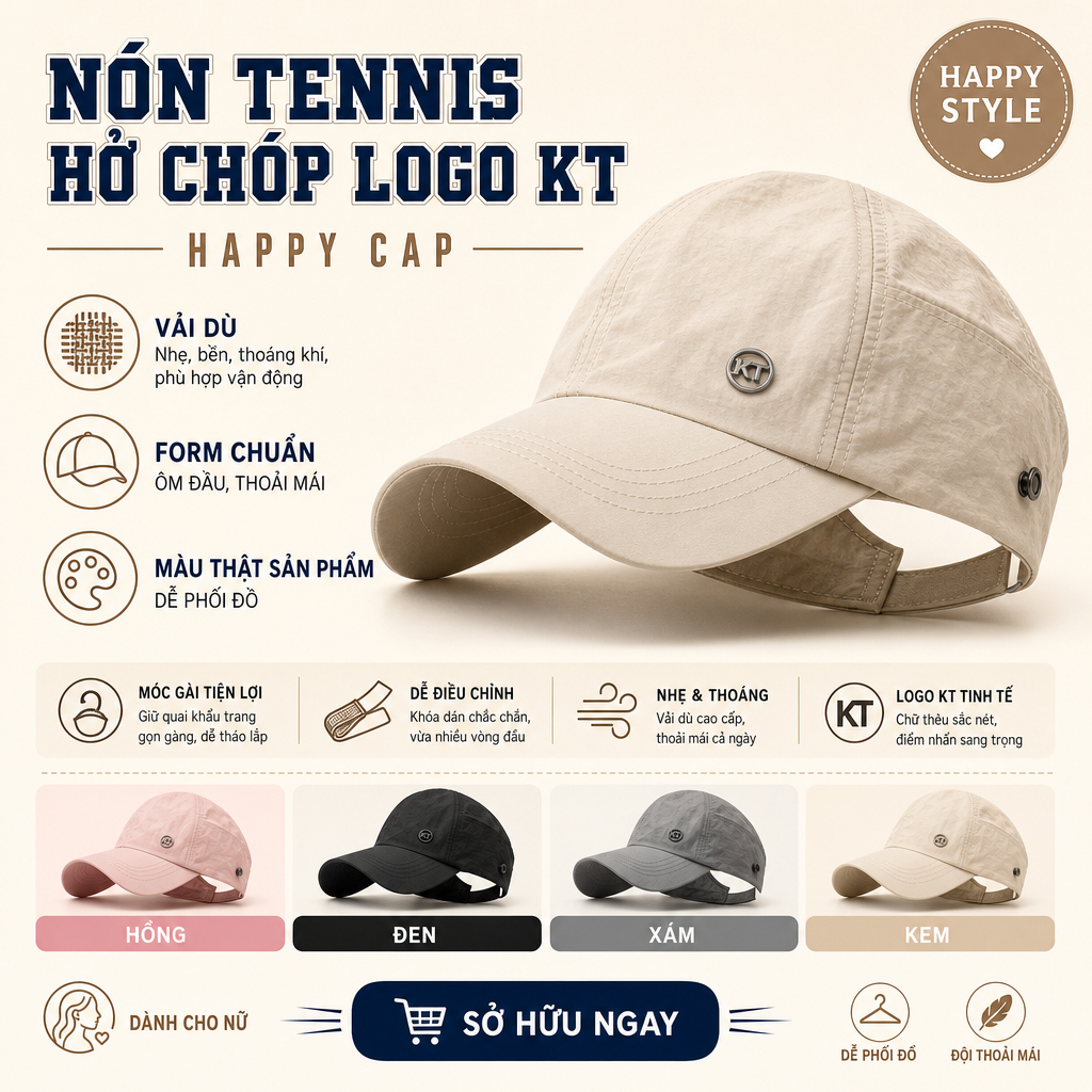 Nón Tennis Thể Thao Mũ Lưỡi Trai Nữ Nửa Đầu KT Chống Nắng Chất Vải Dù Có Nút Gài Quai Đeo Khẩu Trang - N229