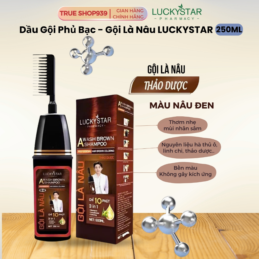 Dầu Gội Phủ Bạc Thảo Dược LUCKY STAR Gội là đen và nhuộm nâu 250ml an toàn cho da đầu