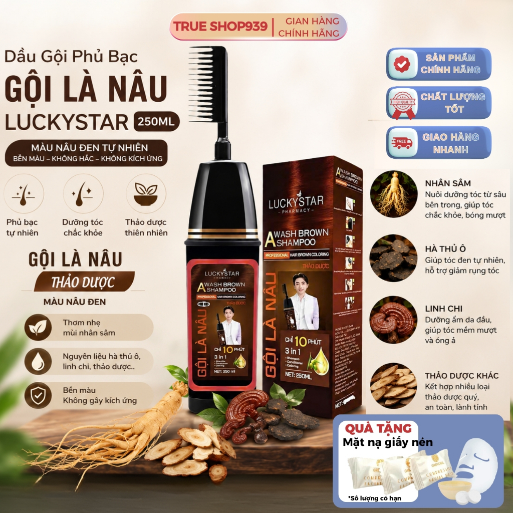 Dầu Gội Phủ Bạc Thảo Dược LUCKY STAR Gội là đen và nhuộm nâu 250ml an toàn cho da đầu