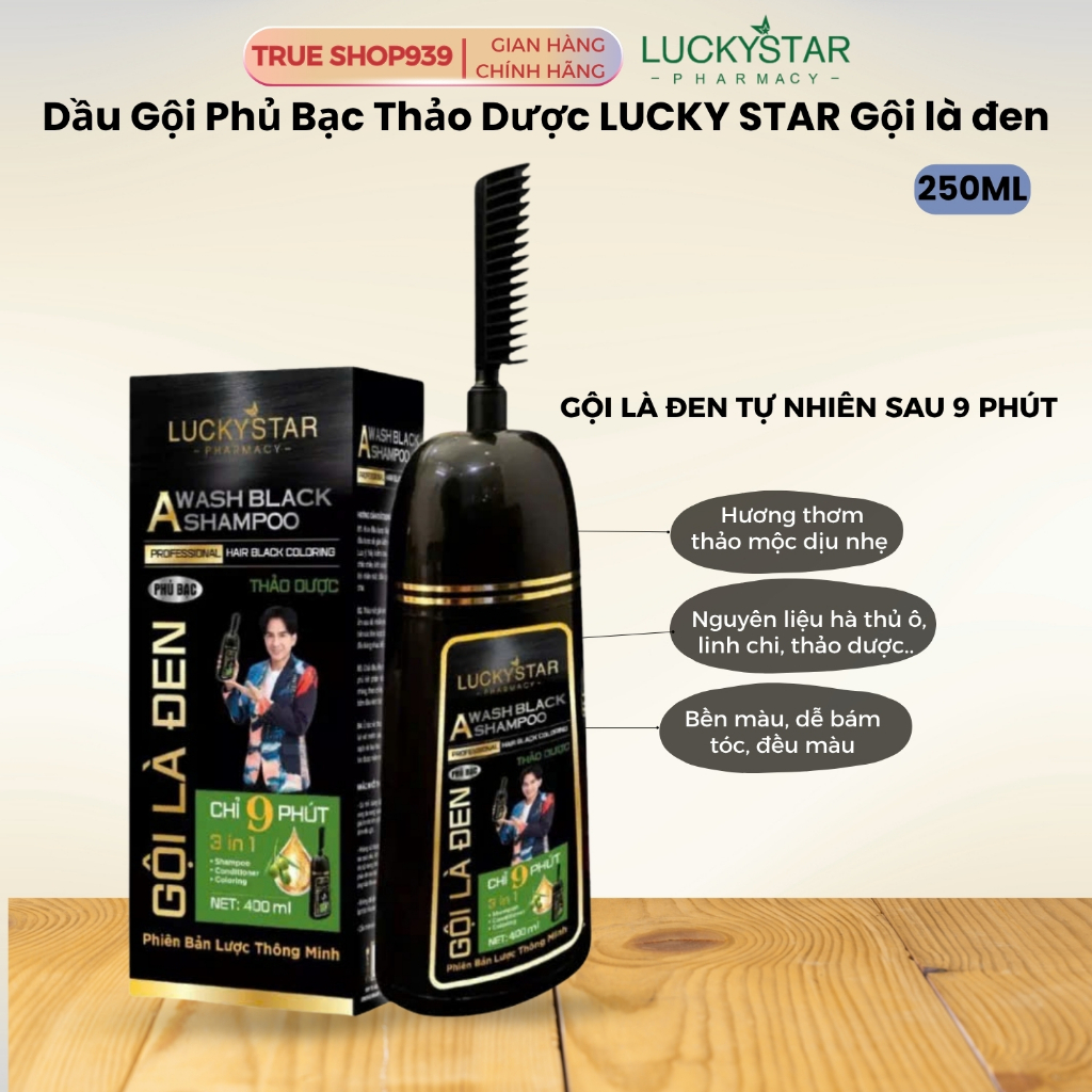 Dầu Gội Phủ Bạc Thảo Dược LUCKY STAR Gội là đen và nhuộm nâu 250ml an toàn cho da đầu