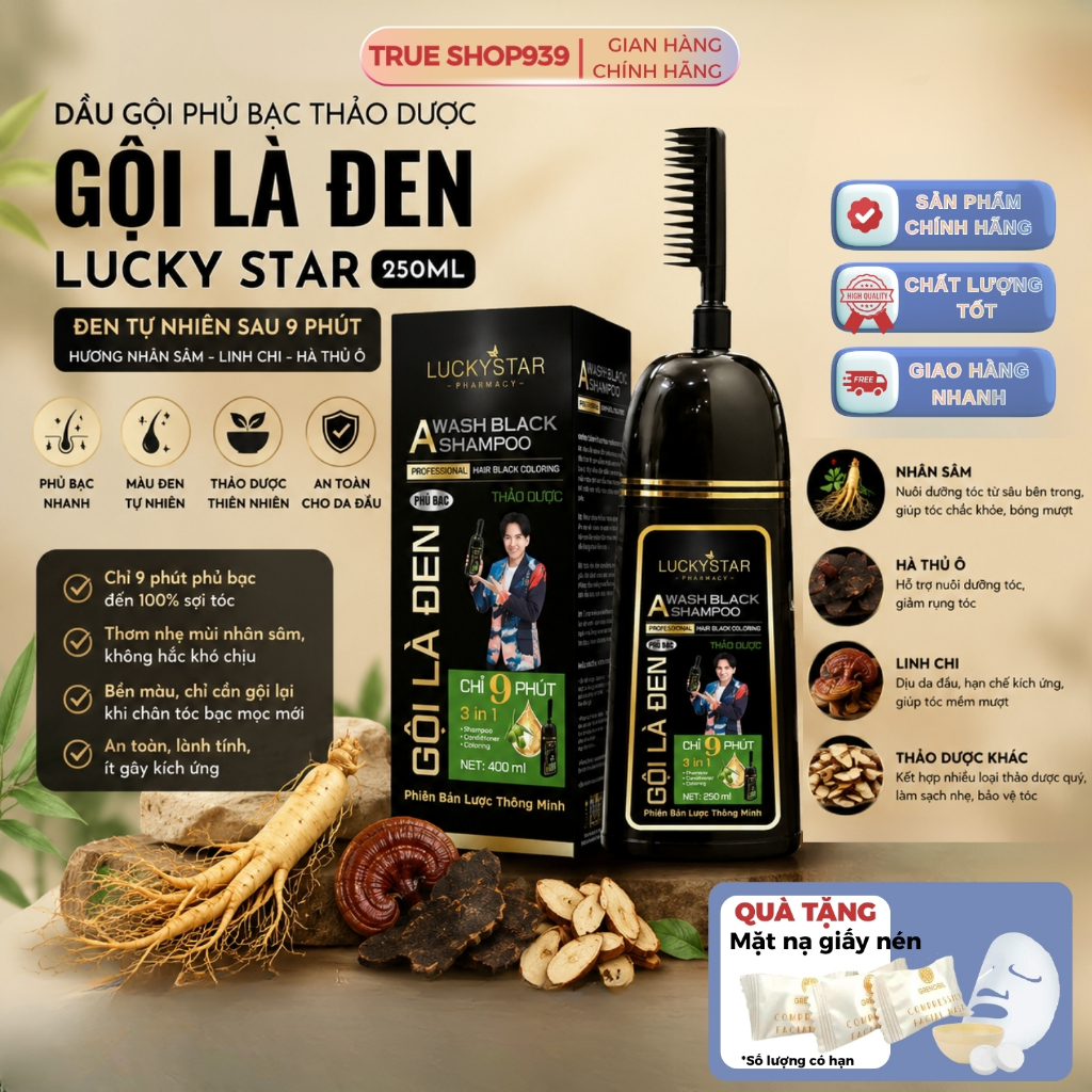 Dầu Gội Phủ Bạc Thảo Dược LUCKY STAR Gội là đen và nhuộm nâu 250ml an toàn cho da đầu